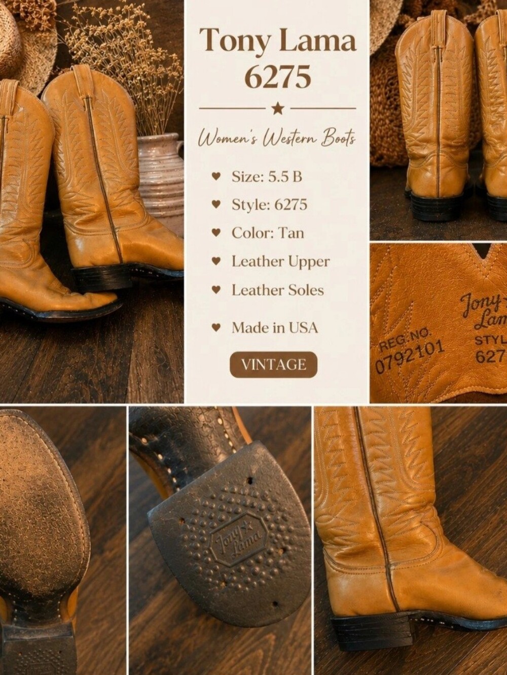 Vintage Tony Lama Tan Leather Cowboy Western Boots Women’s 5.5B USA Rodeo